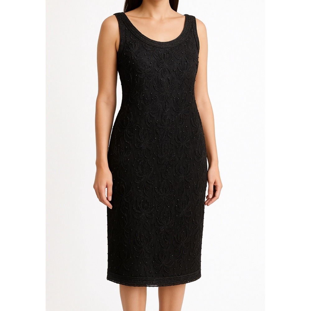 Brilliante by‎ J.A VTG  Beaded Mesh Glam Black Cocktail Party Midi Dress 1X plus